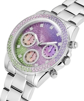 Montres-bracelets pour femmes en acier inoxydable Hip Hop à quartz glacé Vente en gros original de marque colorée arc-en-ciel diamant bling