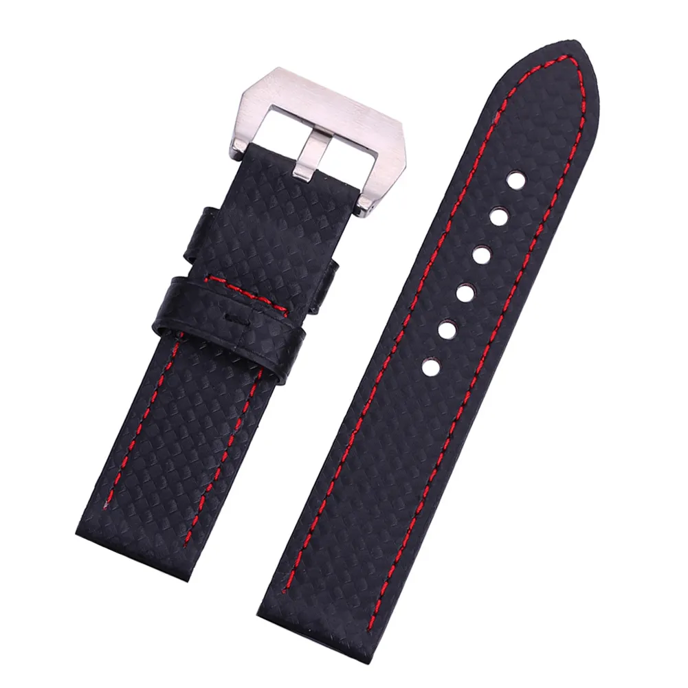 EACHE Genuine Leather Black Carbon Watch Strap Band For Man Whit Red White Stitching 22mm 24mm Silver Black watchbandBuckle