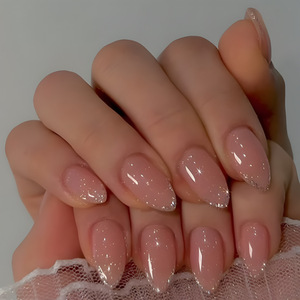 Ongles à presser en acrylique élégants style French Manucure, longs ongles à presser en amande avec dégradé de paillettes argentées, réutilisables, pour mariée, luxe, <span class=keywords><strong>nail</strong></span> <span class=keywords><strong>art</strong></span> - Product Image 3