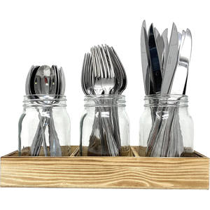 OEM cam turşu kavanozu cam mutfak aleti tutucu sofra takımı Caddy kaşık için gümüş organizatör, bıçaklar ve çatal ile rustik ahşap tepsi - Product Image 1