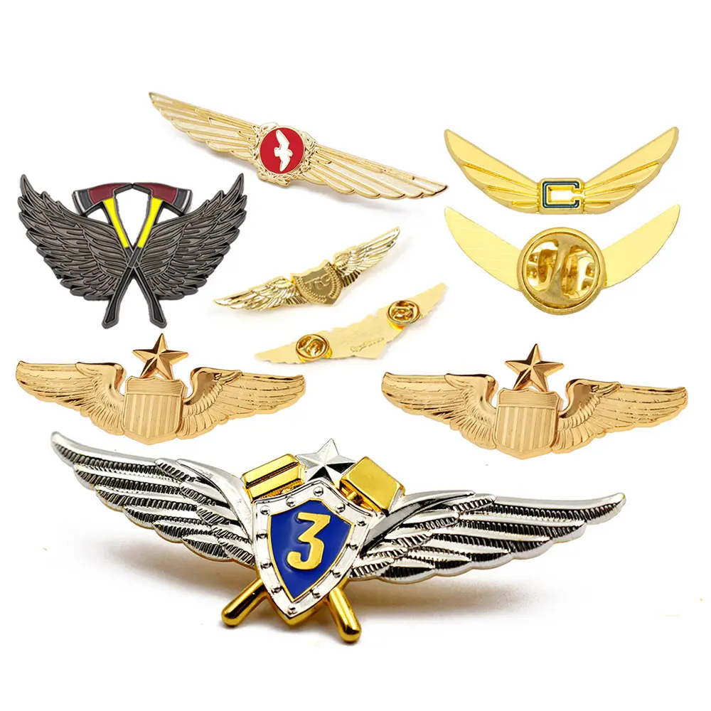 Custom 3d aviation lapel pin badge blank metal gold silver bronze flight airline airplane wing pin