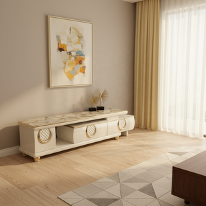 Meuble <span class=keywords><strong>TV</strong></span> et Table Basse Modernes en Bois, Design Panneaux, Blanc Brillant, avec Étagères en Verre Trempé, Convient aux Téléviseurs de <span class=keywords><strong>65</strong></span> Pouces, pour Salon - Product Image 2
