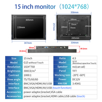 Moniteur industriel à cadre ouvert de 15 pouces 1024*768, écran tactile capacitif résistif, boîtier métallique, écran LCD avec VGA HD BNC AV USB