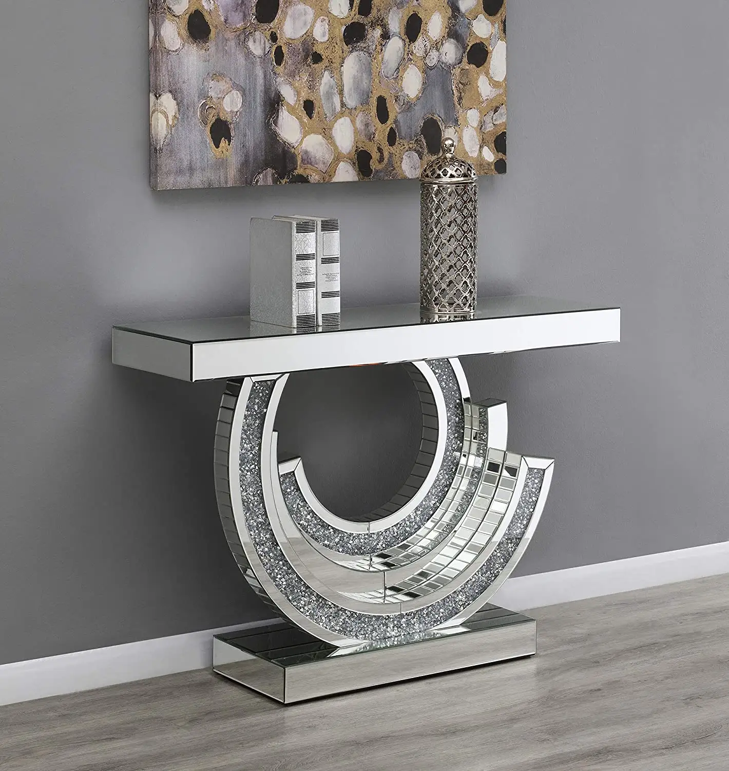 Meja Konsol Berlian Hancur Berkilau Kayu dengan Cermin Kaca Dekoratif Ruang Tamu Cermin Furnitur