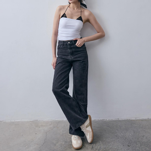Jeans <span class=keywords><strong>Neri</strong></span> da Donna in Denim con Effetto Laminato, alla Moda e di Alta Qualità, Casual, Streetwear, a Gamba Larga e Vestibilità Ampia, Lavati - Product Image 1