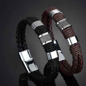 Fashion Braided Cuff Bracelet <b>Bangle</b> Wristband Black Leather Wristband with Magnetic Metal Clasp Vintage Woven <b>Men</b> Bracelet Gift - Product Image 1