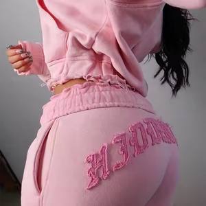 Ensemble survêtement et sweat-shirt à capuche pour <span class=keywords><strong>femme</strong></span>, avec broderie personnalisée, coupe courte, surdimensionnée, effet délavé, effet déchiré, lavage à l'acide, fermeture éclair - Product Image 1