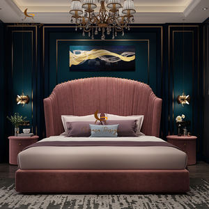 เตียงขนาดควีนไซส์ทำจากไม้จริงเตียงขนาดคิงไซส์สีชมพูหรูหราทันสมัย - Product Image 1