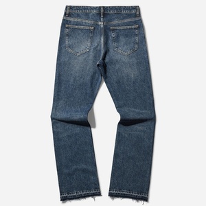 Denim Industry Whisker Undone Raw Hem Denim Jeans Pierna recta Slim Fit Pantalones para hombres - Product Image 4