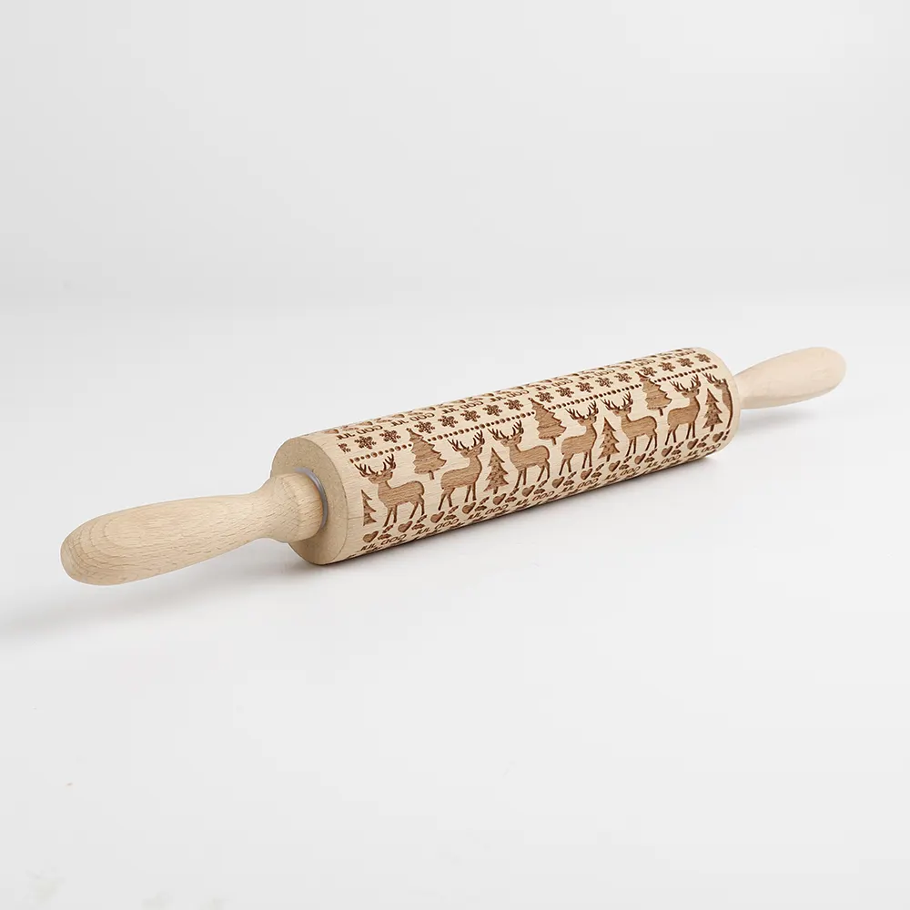 Christmas Flower Snowflake Pattern Rolling Pin Beech Wooden carving fondant Embossing Baking cookie BAKING ROLLER Rolling Pin