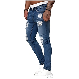Jeans slim bleus pour homme, stretch, déchirés, skinny, avec rayures latérales, en denim - Product Image 2