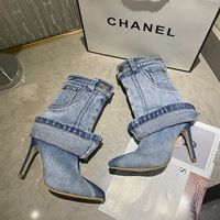 Nouveau Sexy femmes mi-mollet botte bout pointu élégant femme chaussures Cowgirl Denim bottes pour dames ourlet roulé bottes en jean
