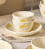 Service de table en céramique motif feuille de Ginkgo, fait main, bols et assiettes texturés, vaisselle sous glaçure haute température pour la maison