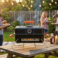Barbecue portable au charbon de bois avec thermomètre et couvercle, pieds pliables, réchaud compact pour le camping, les pique-niques et le jardin