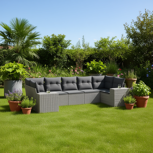 Conjunto de Sofás de Jardín de Ratán Gris, 6 Plazas, Resistente a la Intemperie, Muebles de Exterior de Diseño Contemporáneo - Product Image 2