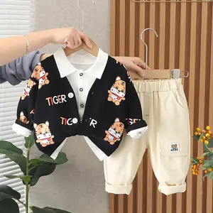 2024 primavera otoño conjunto de ropa para niños camiseta blanca cárdigan más ajustado pantalón largo 3 piezas moda niños traje