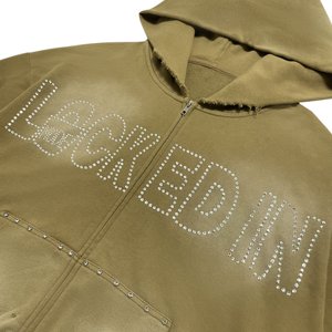 Men's Oversized Khaki Distressed Zip Up Hoodie Stud with Rhinestones Stained Glass Sleeve High Street Casual Vintage Sweatshirt - Product Image 3