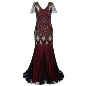 Dames jaren 1920 Gatsby lange jaren 20 flapperjurk vintage V-hals pailletten kralen maxi avondjurk mesh gala jurk elegante jurk - Product Image 3