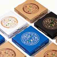 Boîte à pizza simple blanche et marron, personnalisable, différentes tailles, finition mate, impression UV, gaufrage, en carton ondulé, pour aliments
