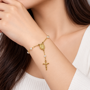 สร้อยข้อมือประดับมุกเทียม สแตนเลสและมุกเทียม ชุบสุญญากาศทอง 18K มีตัวเลือกสีทองและสีเงิน - Product Image 5