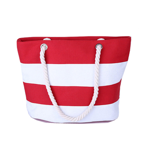 Custom Printed Eco-Friendly Durable Reusable Women's Cotton <b>Canvas</b> Grocery <b>Beach</b> Bag Zipper Pocket Stripe Pattern Long Rope - Product Image 2