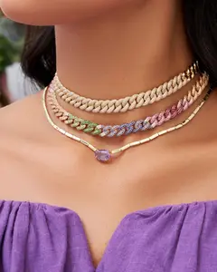 Micro Pave Cầu Vồng Cz Cuba Liên Kết Chuỗi Choker Vòng Cổ Hip Hop Cổ Điển Phụ Nữ Tuyệt Đẹp Cz Miami Cuba Chuỗi Cổ Áo