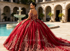 MS9000 Splendido Abito da Ballo Bordeaux Royal <span class=keywords><strong>Saray</strong></span> con Spalle Scoperte, Pizzo Dorato, Abito da Principessa per Festa dei 15 Anni con Strascico - Product Image 4