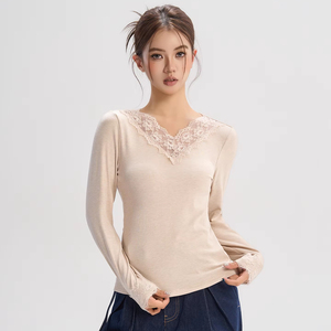 Dibala t-shirt Slim Slim da <span class=keywords><strong>donna</strong></span> a maniche lunghe pigro stile francese con scollo a V - Product Image 1