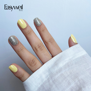 Easywell Custom Yellow Design Short Squoval Gel Nail Private Soft Acrylic 30PCs Chrome Artificial Fingernail Press on Nails - Product Image 2