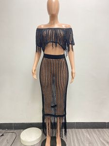 GX8142 Women Summer Clothing Boutique <strong>Lady</strong> Hollow Out <strong>Knitted</strong> Tank <strong>Top</strong> and High Waist Tassel Skirt 2 Piece Set - Product Image 2