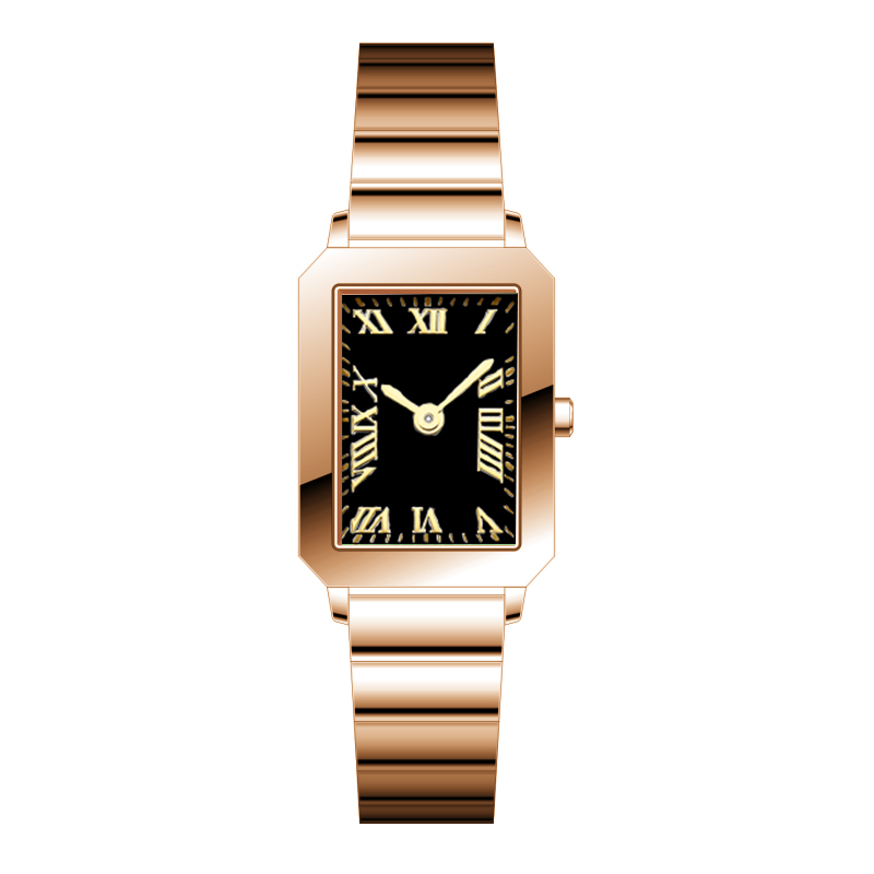 Montre femme simple dorée avec cadran noir.