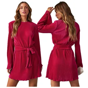 2023 Spring Fall Burgundy Crumpled Bell Sleeve Round Neck Elegant Long Sleeves Loose Dress Tops For Women