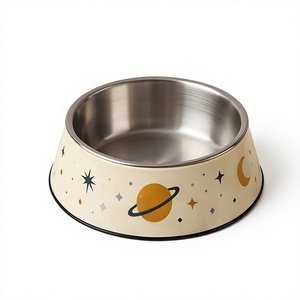 Gamelle OEM en acier inoxydable émaillé pour chien, base antidérapante, motif lune céleste et planètes, pour nourriture et eau pour chat et animaux de compagnie - Product Image 1
