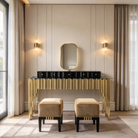 Table de maquillage de luxe en acier inoxydable doré avec miroir et tiroirs Coiffeuse longue et étroite pour chambre Design glamour