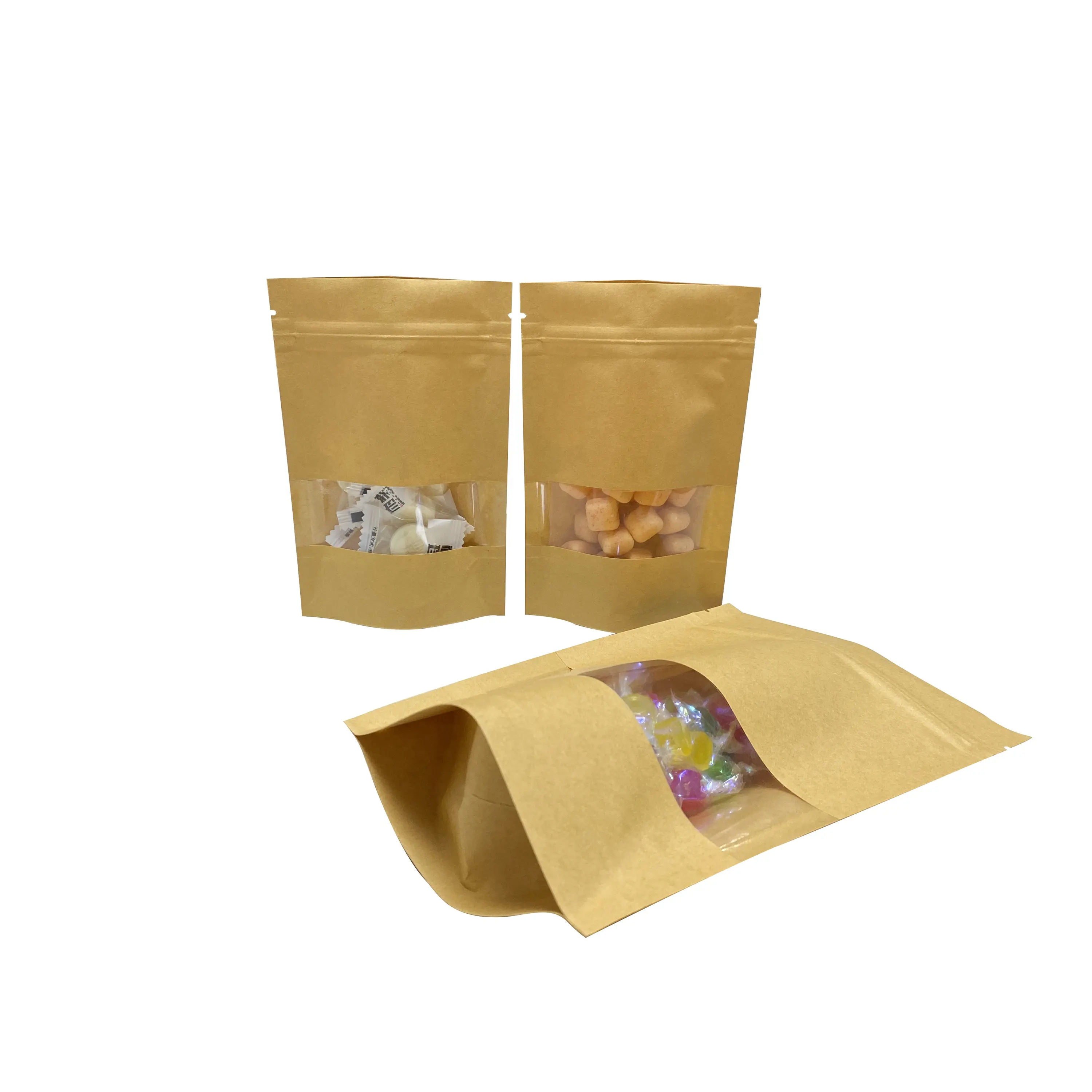 Kraft Paper Bags Zip Lock Brown With Window Stand Up Resealable Grip Ziplock Pouches Tea Coffee Bean Candy Packaging Food