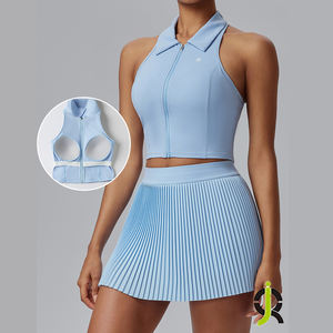 طقم تنورة من قطعتين للنساء مقاس S-3XL خفيف الوزن للتنس، توب مبطن بولو مع تنورة مخططة 2 في 1، ملابس للبادل والبيكلبول - Product Image 1