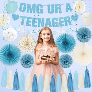Décorations pour le 13e <span class=keywords><strong>anniversaire</strong></span>, bleu clair pailleté OMG Tu es une adolescente |   Bannière Joyeux <span class=keywords><strong>13</strong></span>ème <span class=keywords><strong>Anniversaire</strong></span>, Éventails en Papier, Pompons pour Garçons et Filles - Product Image 6