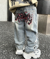 Jeans amples en denim bleu style vintage vieilli pour jeune garçon, avec imprimé graffiti ours mignon, collection automne-hiver