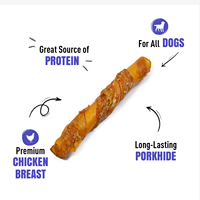 Fabrication OEM d'aliments pour animaux de compagnie : Bâtonnets de viande de porc torsadés enveloppés de poulet de 5 pouces, 3 unités, friandises pour chiens, nourriture humide équilibrée riche en protéines