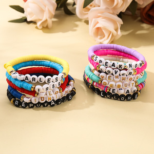 Fournitures pour fêtes à thème et cadeaux originaux, 11 pièces de bracelets <span class=keywords><strong>d</strong></span>'amitié en argile polymère colorée, bracelets en argile polymère avec lettres en perles - Product Image 3