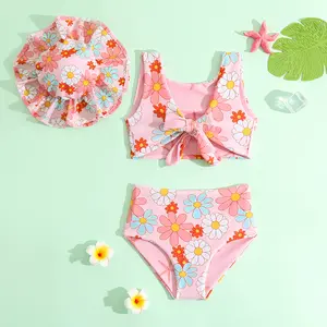 2023 Summer Toddler Kids Girls Swimwear Floral Leopard Print Bowknot Swim Top Shorts Bikini Set Reversible Baby Girl Swimsuit