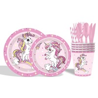 Assiettes, gobelets, serviettes, nappe et bannière jetables sur le thème de la licorne rose pour fête d'anniversaire – Fournitures de table