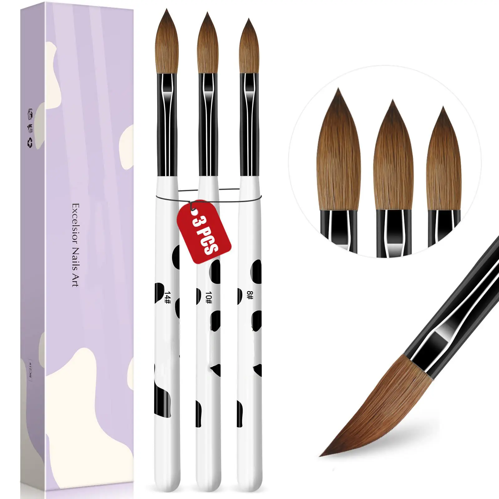 Best Selling 3pcs Acrylic Nail Brush Set Size 8/10/14 Kolinsky Nail Brushes for Acrylic Application