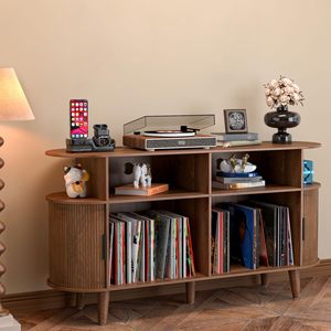 AJUNION Soporte de tocadiscos moderno de mediados de siglo Gabinete de <span class=keywords><strong>CD</strong></span> multifuncional Espacio de almacenamiento más grande Soporte de tocadiscos de madera - Product Image 3