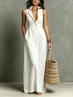 Robe d'été décontractée mi-longue pour femmes, sans manches, col rabattu, couleur unie, coupe ample, tenue de plage bohème à la mode