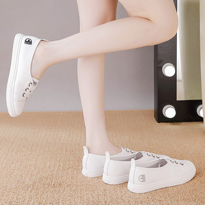 Zapatillas Blancas de Piel Vacuna para Mujer, Estilo Coreano, Versátiles, Casuales, con Elástico, Planas, para Verano - Product Image 2