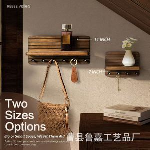 Wooden <b>Wall</b> <b>Mounted</b> Key Rack Solid Wood Entryway Storage <b>Shelf</b> Multifunctional Coat Rack Retro Color Rectangle Shape - Product Image 3