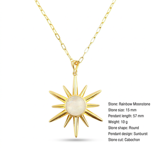 Gold Plated Sunburst Pendant <b>Necklace</b> Natural Rainbow Moonstone 15 MM Round Cabochon Celestial Jewelry Brass Chain <b>Necklace</b> - Product Image 1