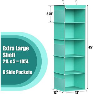 5 Shelf Hanging Closet Organizer Turquoise Fabric <b>Storage</b> For Clothes Behind Door Wall Mount - Product Image 3