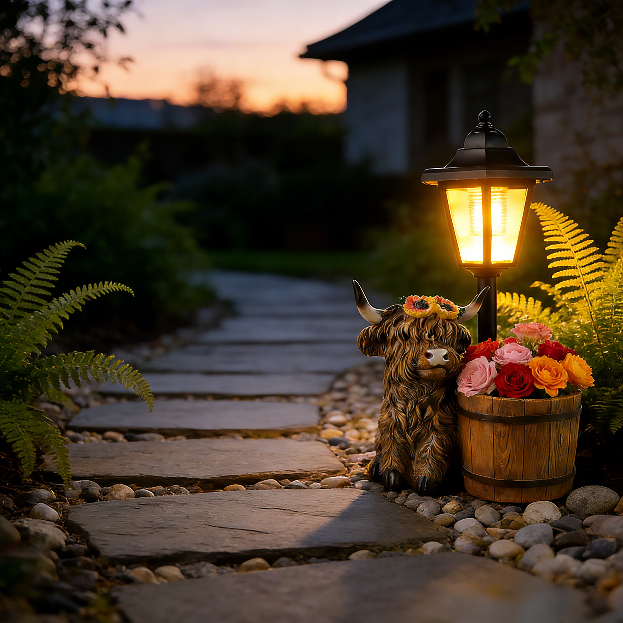 Solar-Powered Resin Highland Cow Lantern Planter Hand-painted Dual